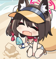 アニメ,女の子,狐耳,ビーチ,水着,砂のお城,スコップ,しっぽ,帽子