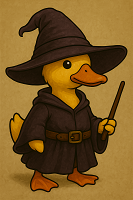 アヒル,魔法使い,帽子,杖,ローブ,動物キャラクター