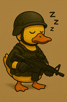 アヒル,ヘルメット,銃,ミリタリー,眠っている,zzz,動物キャラクター