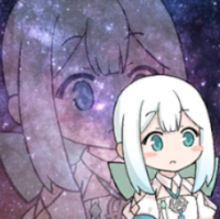 アニメキャラ,白髪,ショートヘア,宇宙背景,青い目,デフォルメ,イラスト