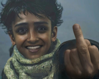 笑顔,男の子,マフラー,ジェスチャー,ミドルフィンガー