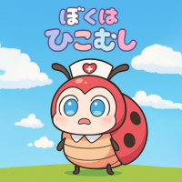 ひこむし,ぼくはひこむし,てんとう虫,キャラクター,看護師帽,かわいい,空,草原,イラスト,虫