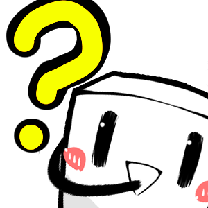 白いキャラクター,はてな,疑問,黄色の疑問符,黒い線,シンプルなデザイン,ほっぺの赤いポイント,コミック風