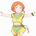 アニメキャラクター,オレンジ髪,ダンス,笑顔,緑の服,黄色の服