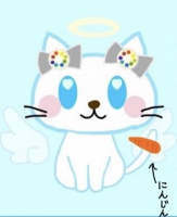 白い猫,天使,羽,にんじん,リボン,アニメ,青い背景,にんじん（文字）,かわいい